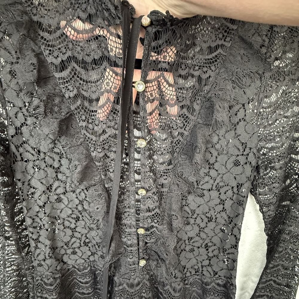 Meghan Los Angeles Lace Dress/Tunic Top Womens 0 Black Sheer Boho Bell Sleeve - Picture 7 of 11